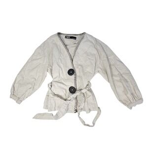 ZARA Med Kimono Jacket Cream Balloon Sleeve Belted Button lagenlook cotton linen